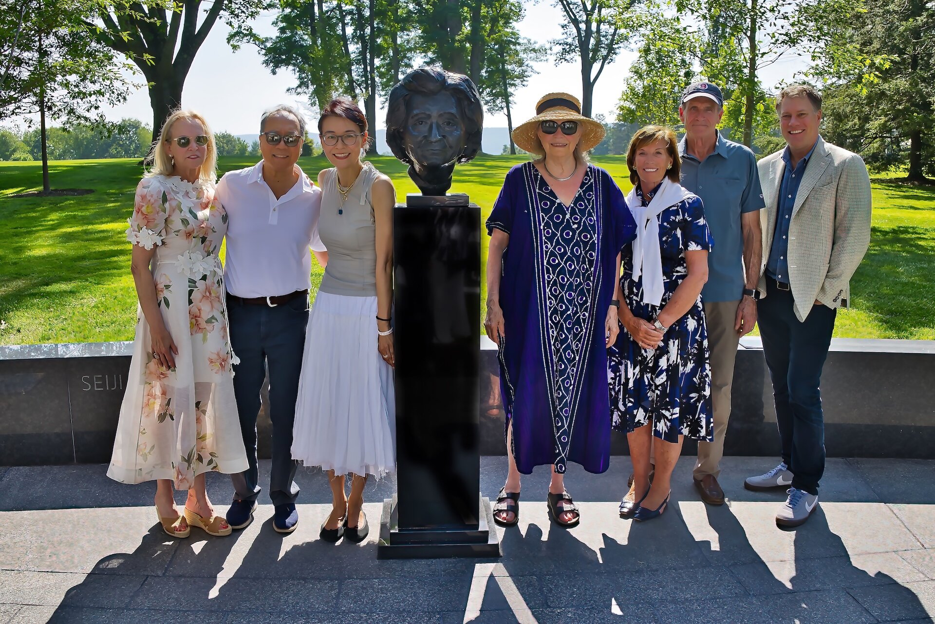 7.28.25 Kim Taylor, Yo-Yo Ma, Seira Ozawa, Penelope Jencks, Barbara Hostetter, James Taylor, Chad Smith with new Seiji Ozawa sculpture 6A8A0507 (Hilary Scott).jpeg